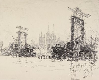 Costruzione del Ponte a Colonia, 1914 da Joseph Pennell